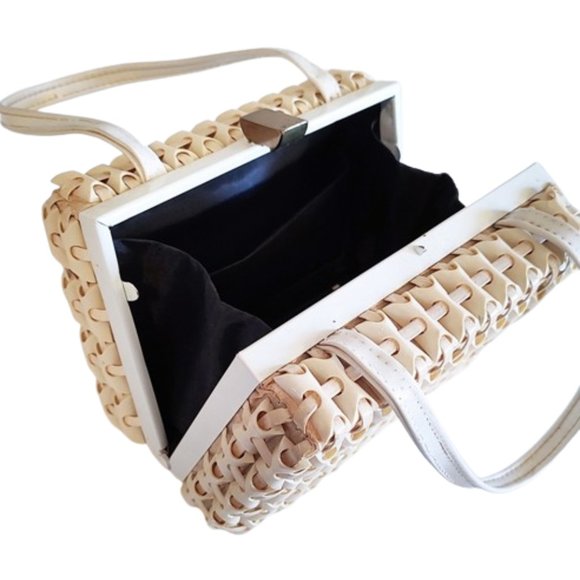 1950s True Vintage Small Cream Plastic Tile Box Handbag Plasticflex Style Handle - Picture 5 of 6
